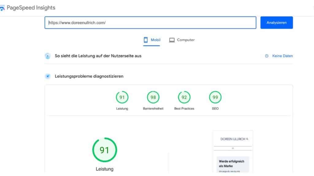 Speed Insights Doreen Ullrich Google Speed vom 11 Januar 23