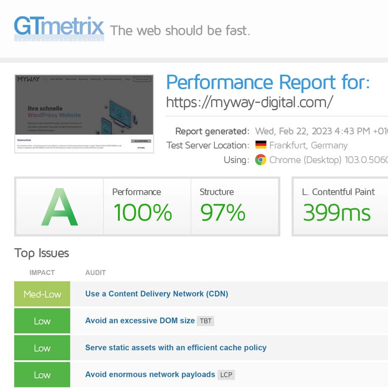 GT Metrix Report. Schnelle Wordpress Website