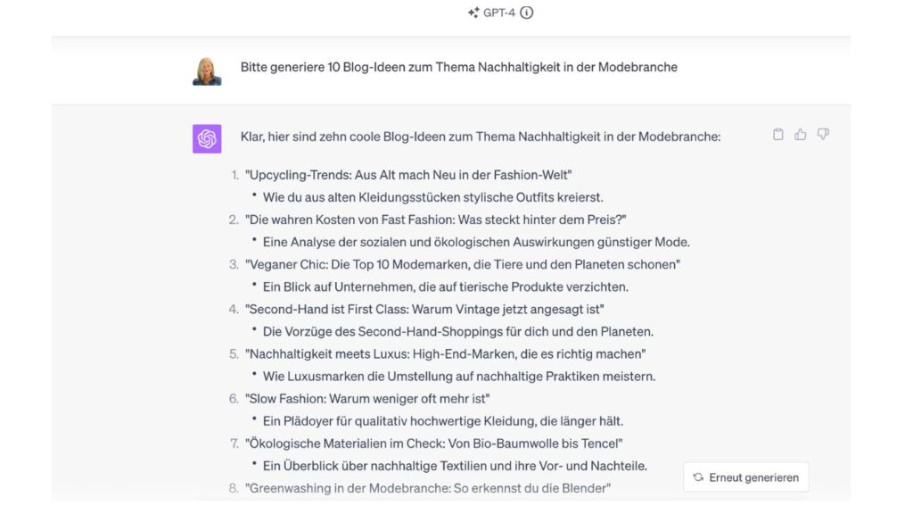 SEO-Marketing mit ChatGPT; Beispiel für Textgenerierung