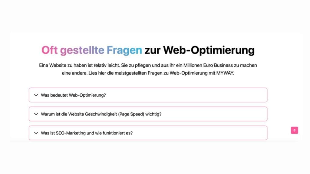 Storytelling durch Webdesign, anklickbare Elemente, wie Akkordeon für Fragen und Antworten