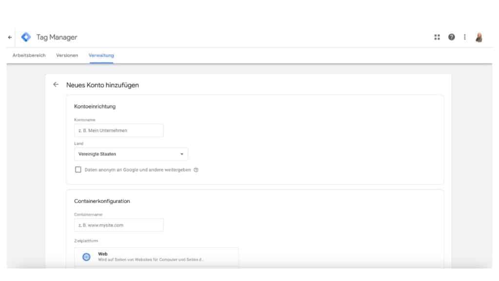 Kontoeröffnung beim Google Tag Manager