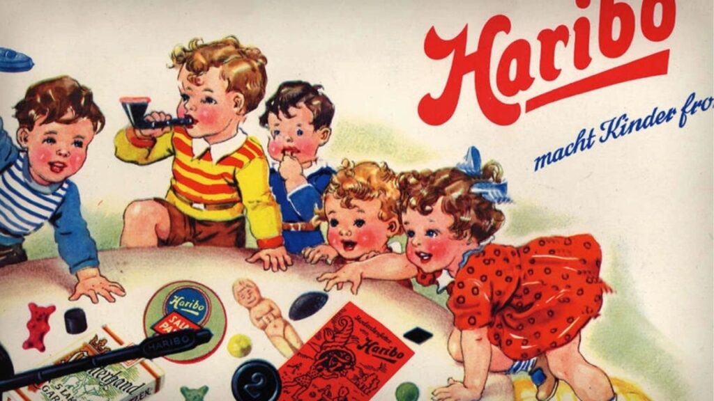 eine Gruppe Kinder spielt und Süßigkeiten-Haribo Werbeslogan